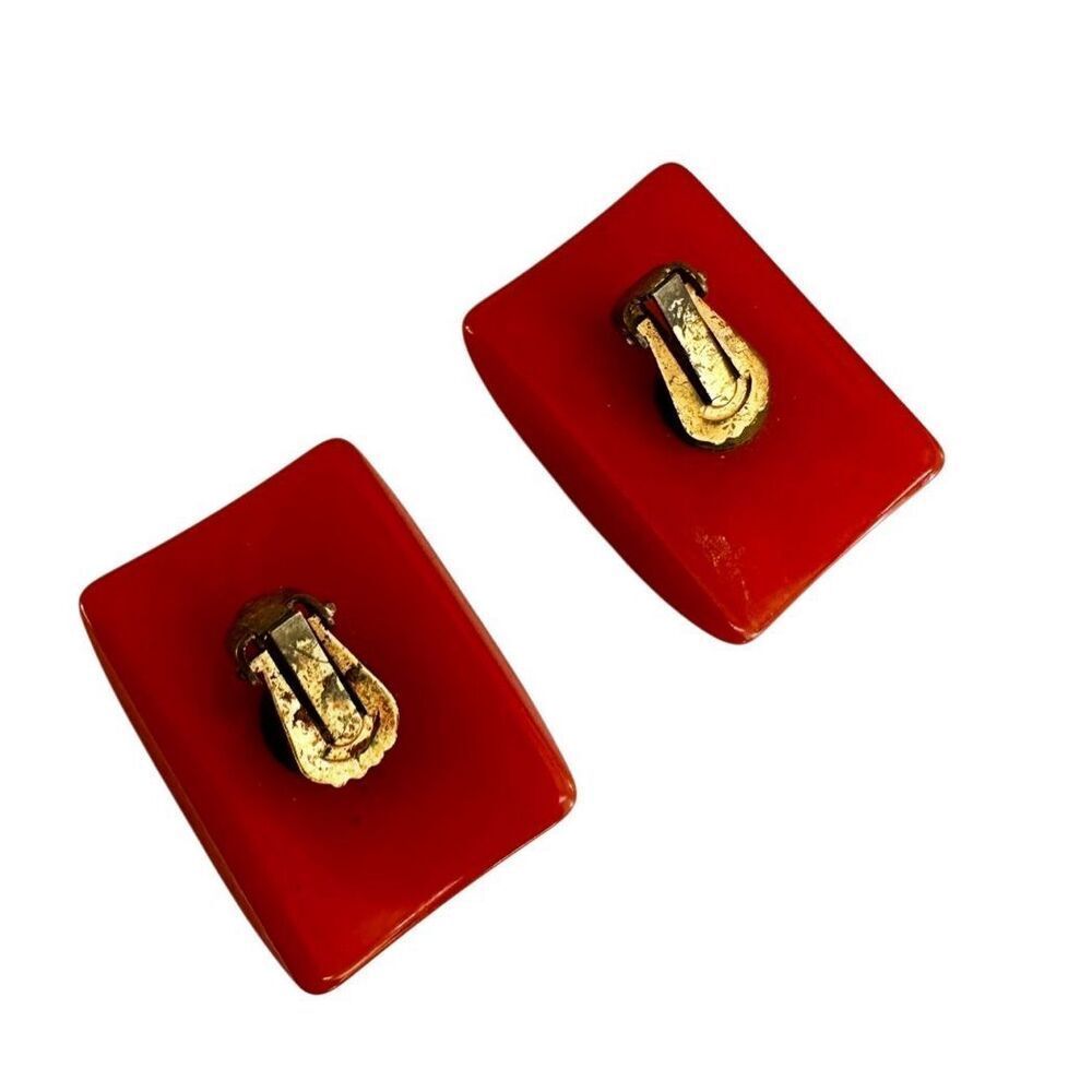 Bakelite Bold Orange Rectangular Clip On Earrings - image 5